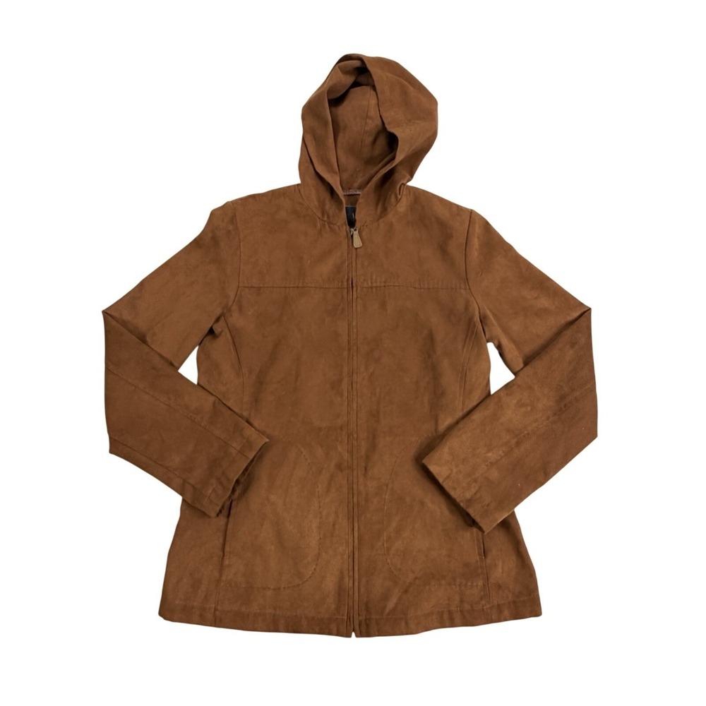Jones New York Faux Suede Jacket Women's Small Brown hooded Casual Full Zip
